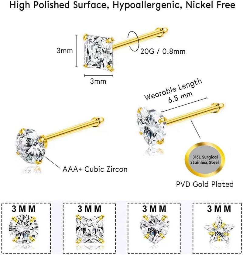 SEEDRILL 8Pcs 20G Nose Rings studs for Woman Hypoallergenic Nose Studs 316L Surgical Steel with Gold Plated Nose Piercings Jewelry 3mm CZ L Shape Nose Rings 20 Gauge Nose Stud Nose Screw Studs - Image 3